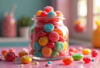 vibrant close candy jar composition filled colorful confections sweet treats, licorice, gummy, jellybean, sour, cupcake, delicious, sugar, chewy, lollipop