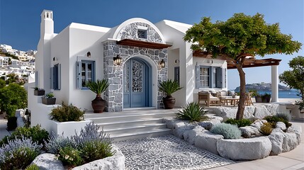 Greek island villa with blue shutters and garden pathway high resolution photo