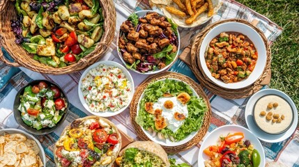 Colorful Outdoor Feast with Variety of Dishes and Fresh Ingredients