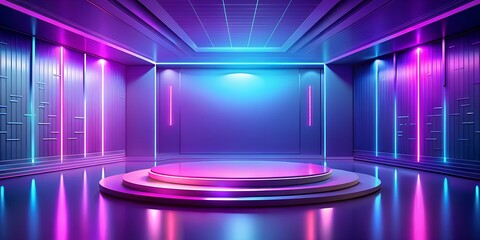 Photo of a futuristic stage illuminated with neon lights in a cyberpunk setting, ideal for showcasing digital products and presentations
