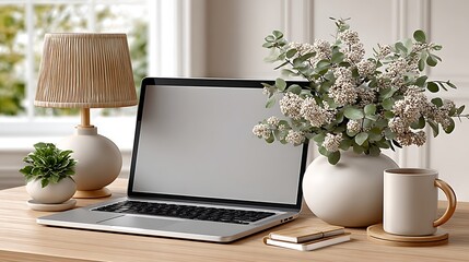 Home office aesthetic with laptop mug and flowers high resolution picture