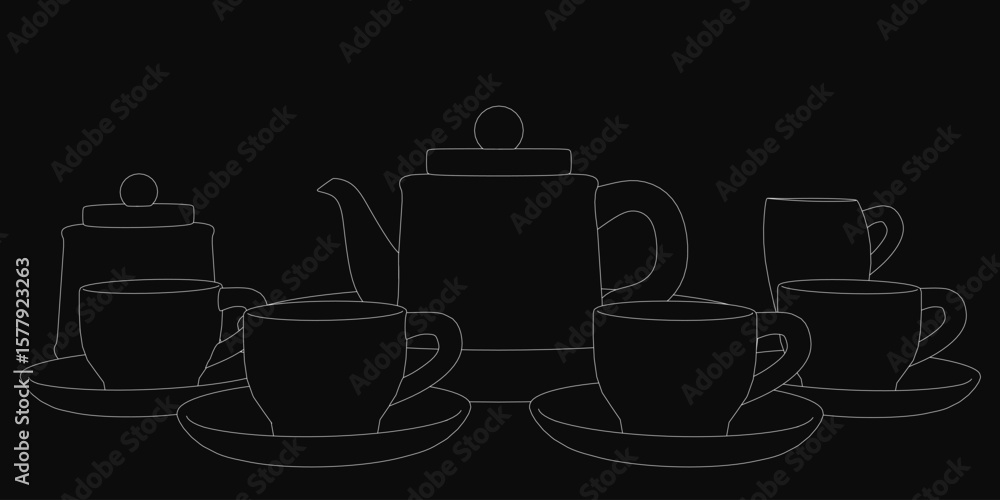 Poster a black and white drawing of a teapot and cups arranged symmetrically on a solid black background. t