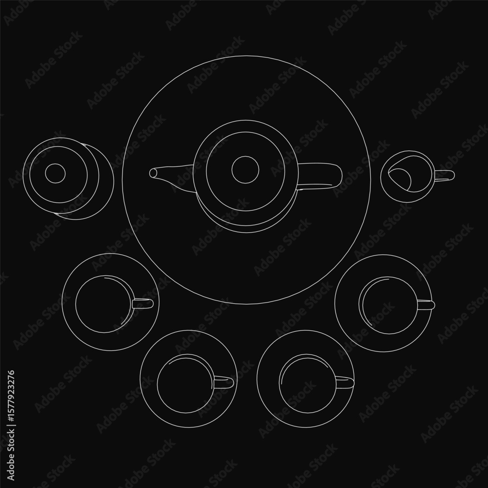 Aufkleber a black and white line drawing of a teapot and cups arranged in a circular pattern on a dark backgro