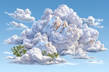 Imaginative mountain shaped clouds with foliage in blue sky fantasy high resolution picture