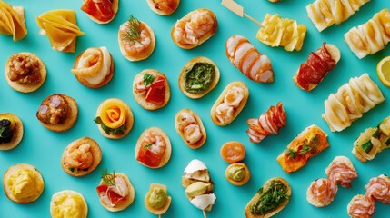 Colorful Assortment of Appetizers on Turquoise Background
