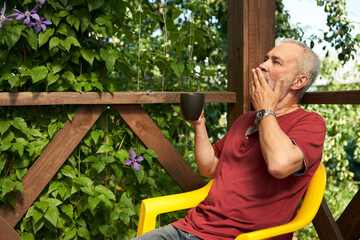 Summer morning at the dacha. An adult man with a cup of coffee on a wooden terrace of a country house, entwined with vines of blooming clematis.