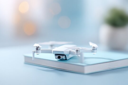 flat-lay of cockpit mockup dashboard model drone and aviation manual on laminate table