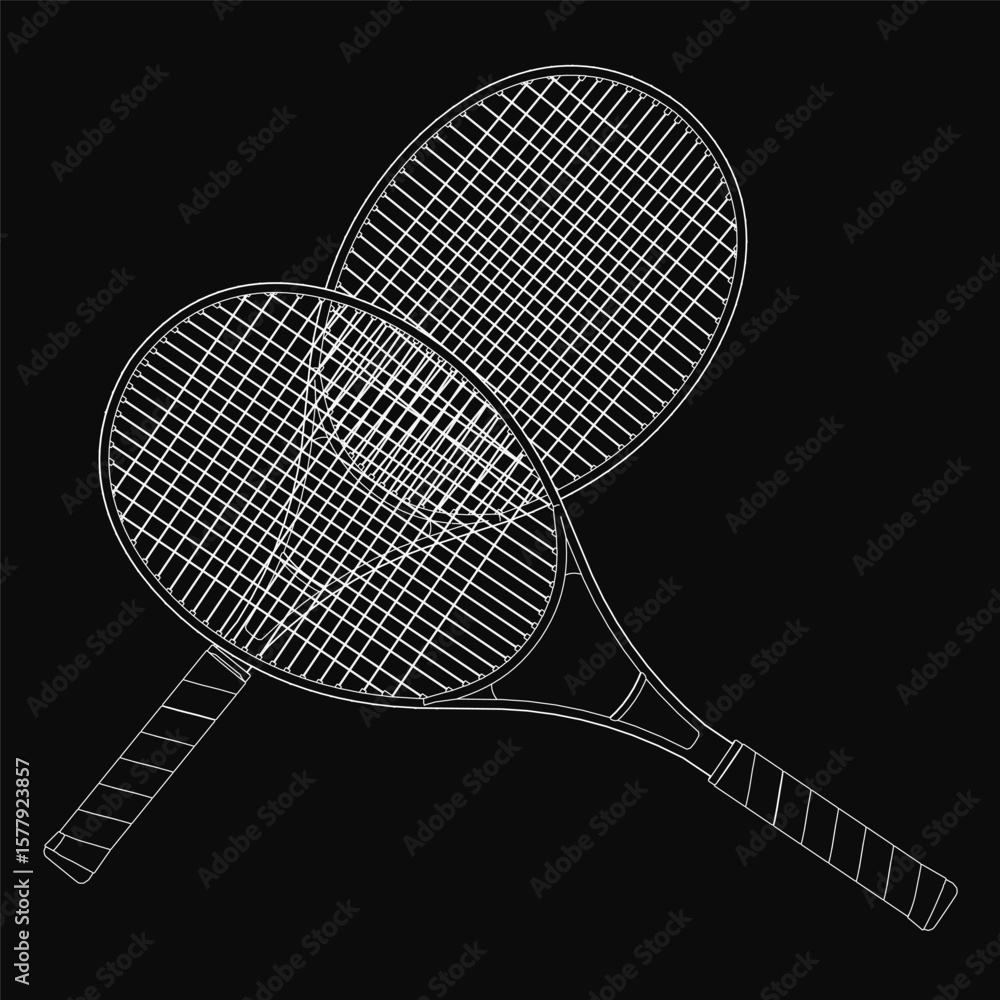 Poster two tennis rackets rest on a sleek black background, their sharp vector outlines creating a bold con