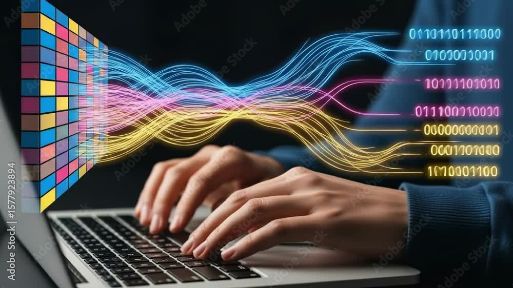 Poster person typing on laptop with data stream visualization
