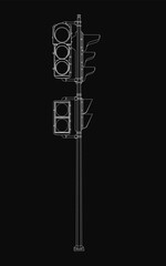 A black and white line drawing of a traffic light mounted on a pole, set against a solid black background. The design features clean, bold lines and high contrast for a striking visual effect.
