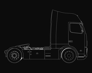 A black and white drawing of a semi truck on a stark black background highlights its sleek, modern design. Detailed headlights, grille, and wheels stand out against the dark backdrop.