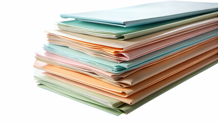 A neat stack of colorful pastel paper documents and folders, neatly organized for efficient office work and information management isolated on transparent background