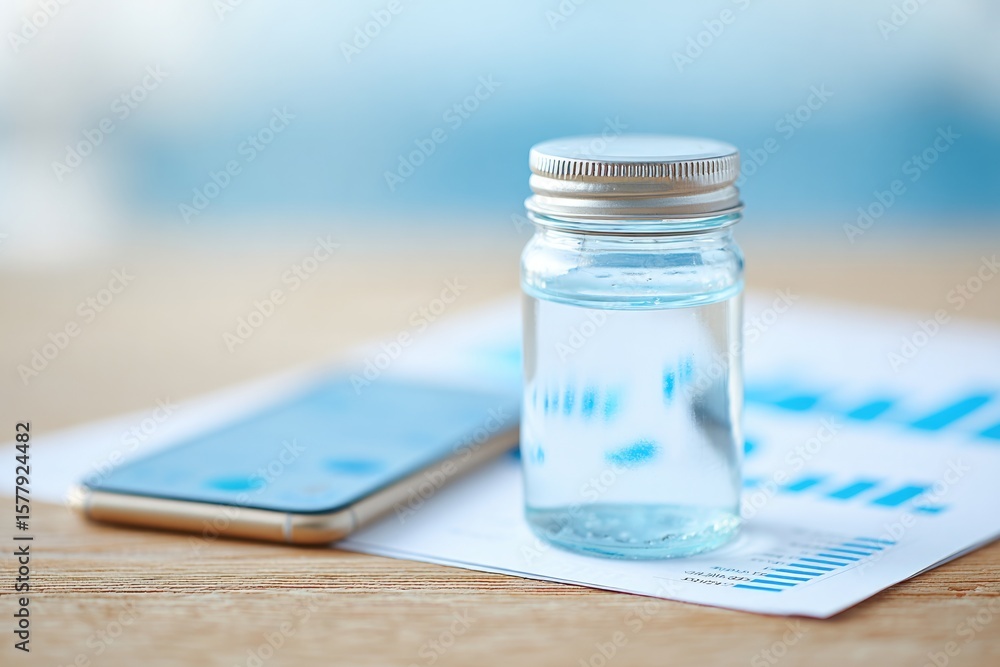 Aufkleber flat-lay of emergency fund jar risk dashboard printouts and phone with broker app open on desk