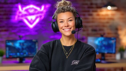 Fototapeta premium Female Gamer with Headset in Gaming Studio