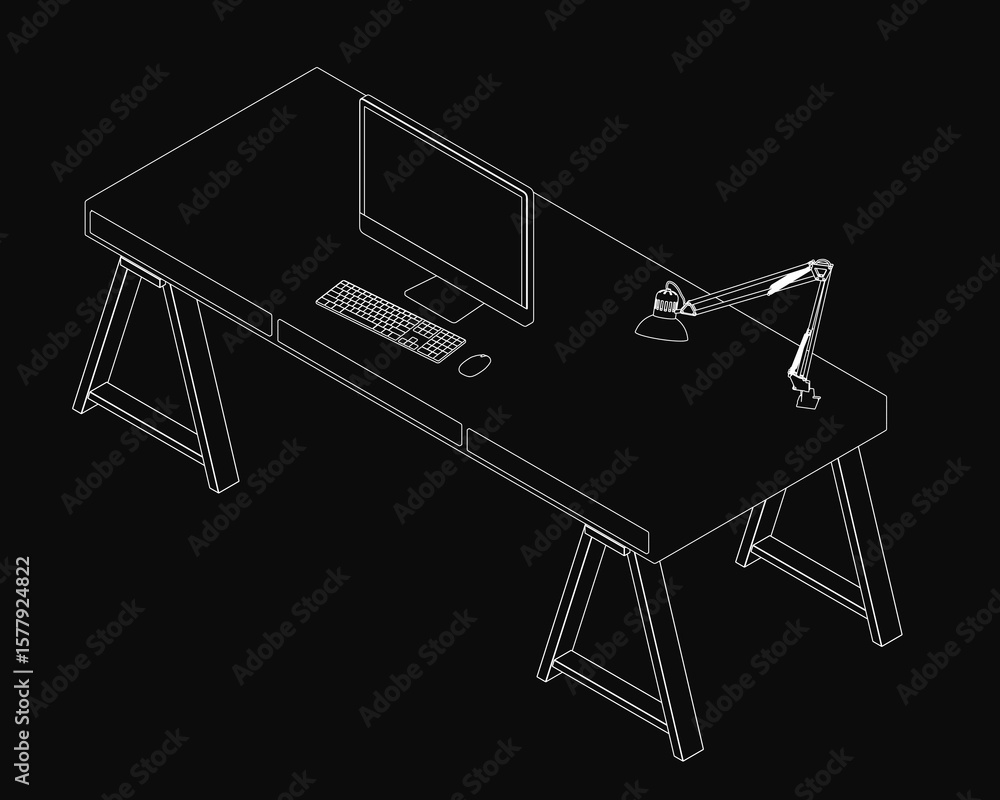 Aufkleber a black and white drawing of a computer desk features a monitor, keyboard, mouse, and lamp arranged 