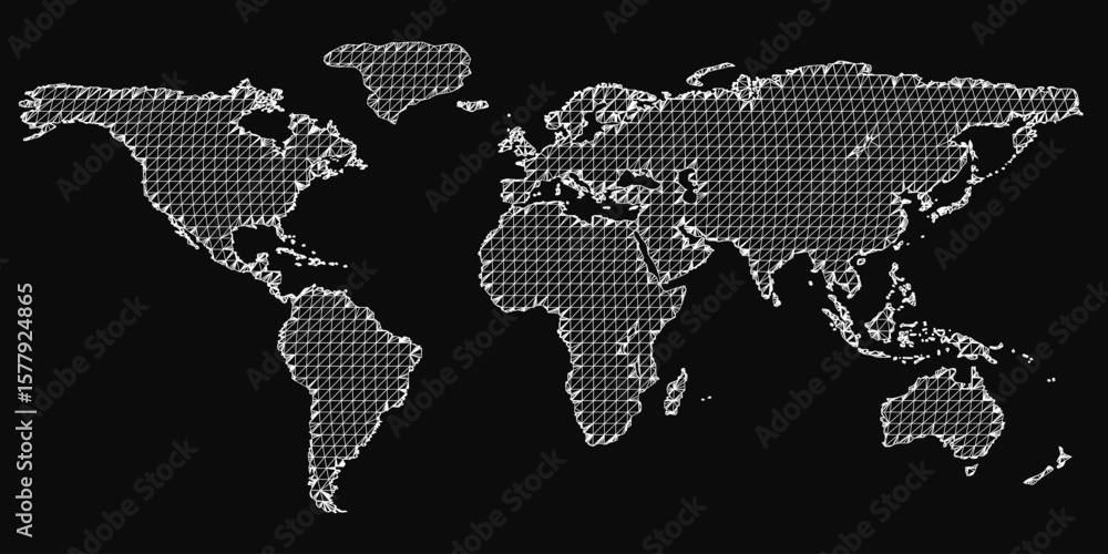 Poster a black and white world map features a precise grid pattern, set against a dark background for a cle