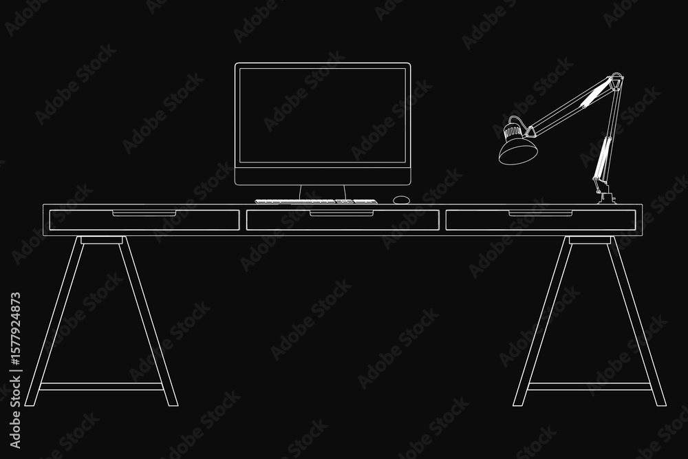 Poster a modern computer desk features a sleek monitor, wireless keyboard, ergonomic mouse, and adjustable 