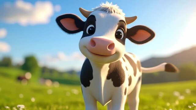 A smiling, cartoon cow in a sunny meadow with a blue sky