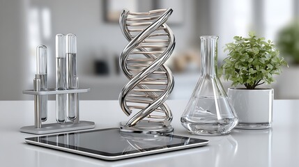 Minimalist science lab concept featuring dna helix sculpture high resolution photo