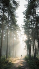 Obraz premium Foggy sunrise in summer forest with lone figure walking through trees Generative AI