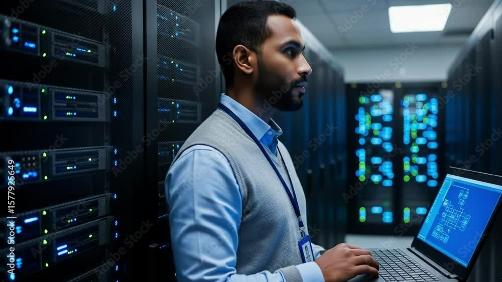 Poster man working on laptop in a server room environment