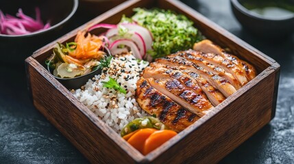Fototapeta premium Delicious grilled chicken rice bowl with fresh vegetables and sauce