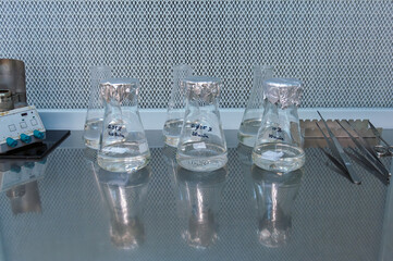 Clean lab setup with flasks, tools, and a sterile workbench. Useful for biotech brochures, lab...