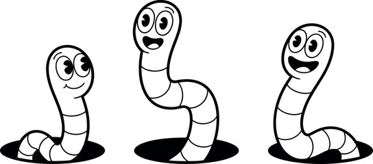 Three Happy Cartoon Worms Emerging from Holes, Black and White Line Art