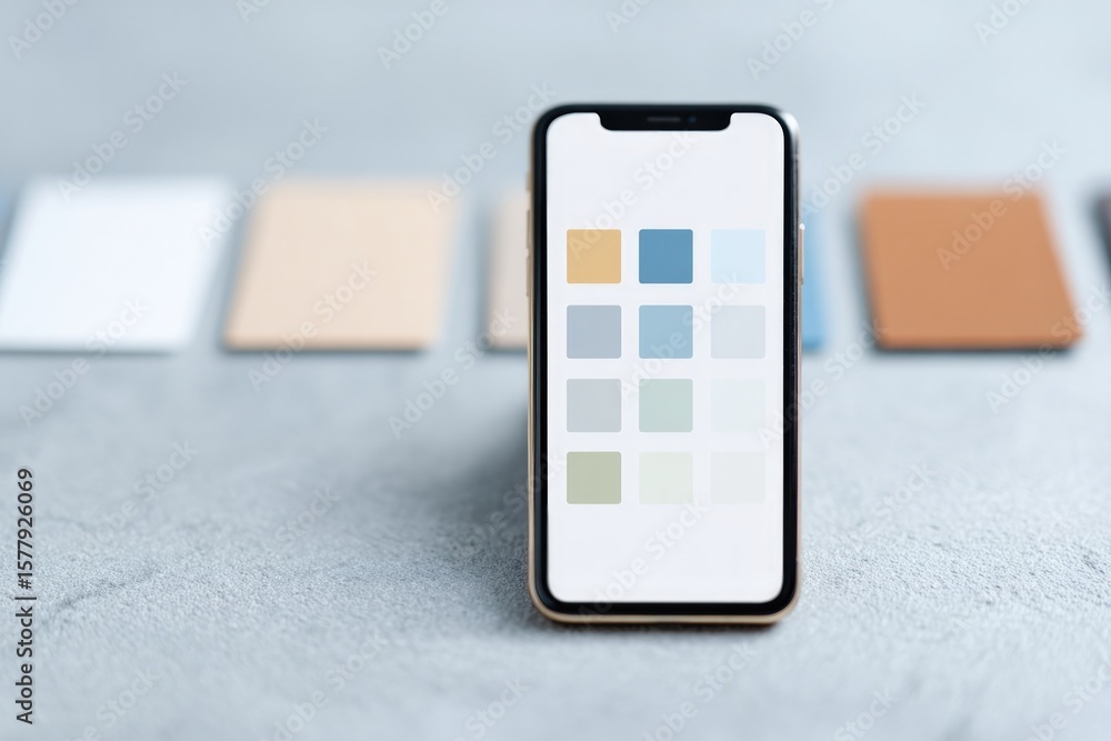 Poster flat-lay of mobile phone showing educational startup logo prototype screens ux sketchbook color swat