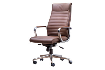 Fototapeta premium A brown leather office chair with a metal frame isolated on white background