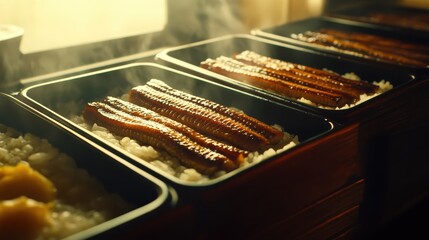 Delicious Grilled Eel Served Over Steamed Rice in Black Containers