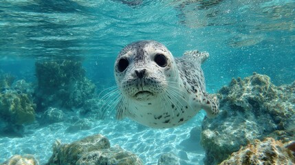 Fototapeta premium A curious seal pup swimming in clear, shallow water over a coral reef