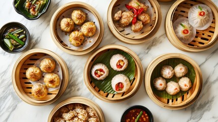 Delicious Variety of Steamed Dumplings on Marble Surface