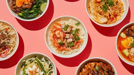 Colorful Variety of Asian Cuisine in Bowls on Pink Background