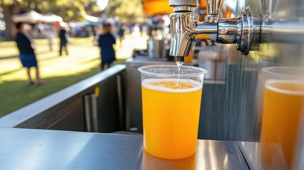 Refreshing Beer Pouring into Plastic Cup at Outdoor Event Setting