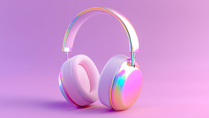 Glossy rainbow headphones on a pastel background.