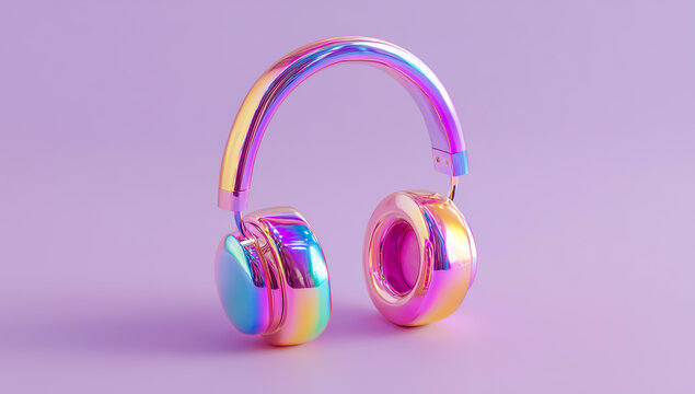 Glossy rainbow headphones on a pastel background. - Powered by Adobe