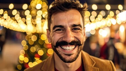 A smiling man with mustache in front of glowing lights