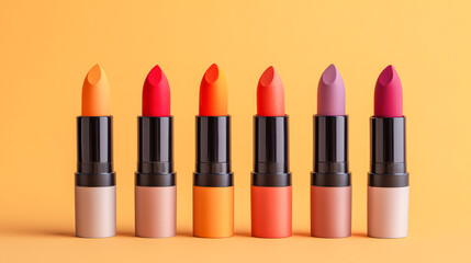 Obraz premium Four colorful lipsticks standing upright on a yellow background, arranged in a row.