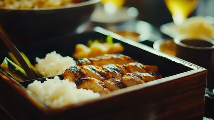 Grilled Chicken Meal Served with Rice and Accompaniments in Bowl