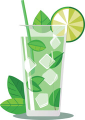 Cold Pressed Juice Variations Refreshing Mojito Cocktail with Mint Leaves and Lime, Summer Drink Illustration