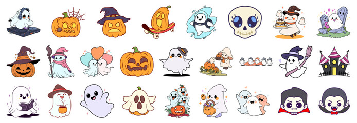A delightful collection of spooky Halloween cartoons features cute ghosts, grinning pumpkins, and other charming holiday characters.