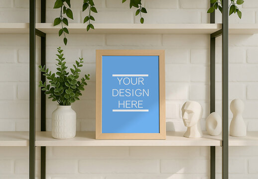 Minimalist Wooden Frame Poster Mockup On Modern Shelf With Decor