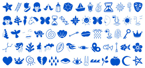 Whimsical symbols in cobalt blue presents an eclectic collection of icons, ideal for creative projects and decorative design elements.