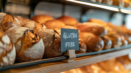 Gluten-free bread loaves displayed in a bakery and on a kitchen board, ideal for celiac diet, health, or wheat intolerance.