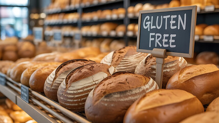 Gluten-free bread loaves displayed in a bakery and on a kitchen board, ideal for celiac diet, health, or wheat intolerance.