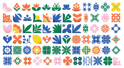 Colorful botanical patterns are featured in a modern abstract design, perfect for various creative and decorative projects with a vibrant, geometric style.