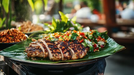 Grilled Chicken with Spices and Fresh Vegetables on Banana Leaf