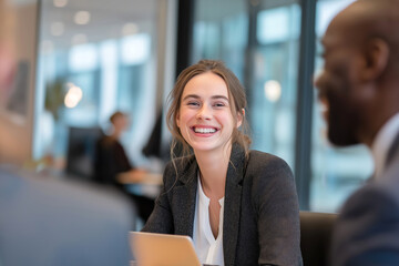 Confident Professional Woman at a Meeting: A poised and confident woman, radiating positivity, is captured mid-conversation during a business meeting.