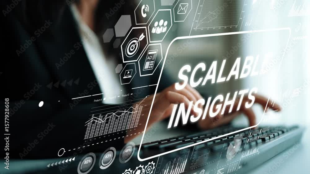 Poster business professional analyzing data with digital interface showing scalable insights in modern offi